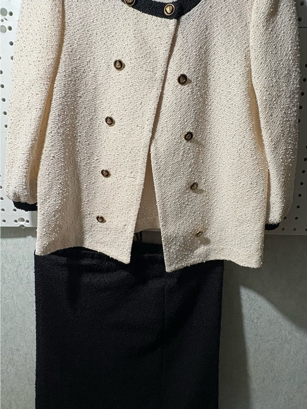 Cream Bouclé Double-Breasted Jacket with Black Trim